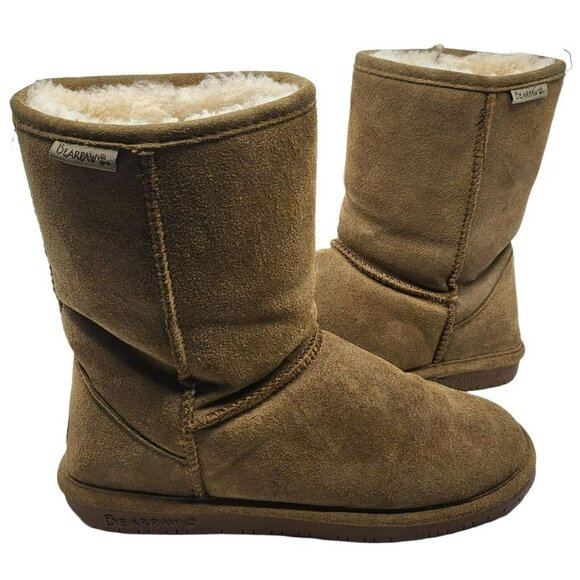 Bearpaw Emma Short 8" Hickory Brown Suede Sheepskin Pull On Boots Womens Size 10 - Picture 12 of 12